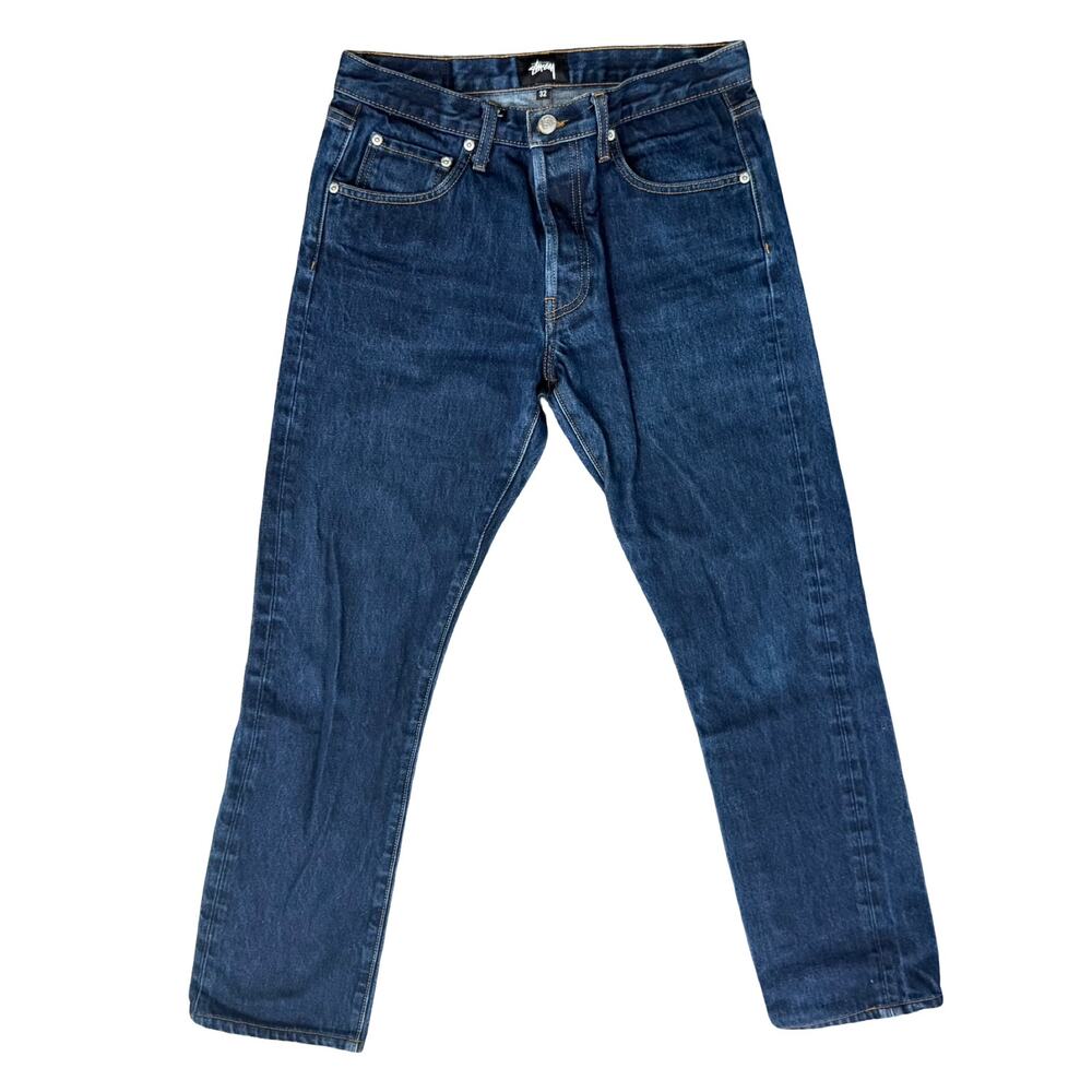 Stussy Dark Wash Blue Slim Tapered Fit Men's 5 Pocket Denim Jeans size 32 x 28